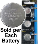 Rayovac lithium CR2430 battery showing metallic coin shape with printed specifications for electronic devices.