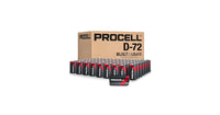 JCB Products Duracell Procell D PC1300 batteries in a case of 72, showing the battery packaging and branding.